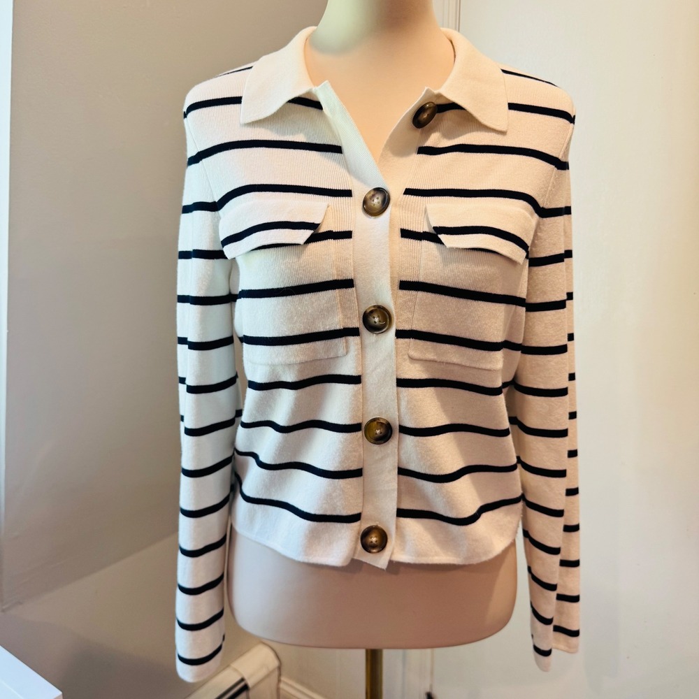 Joie White Navy Striped Collared Button Front Cardigan Sweater Top | Size M